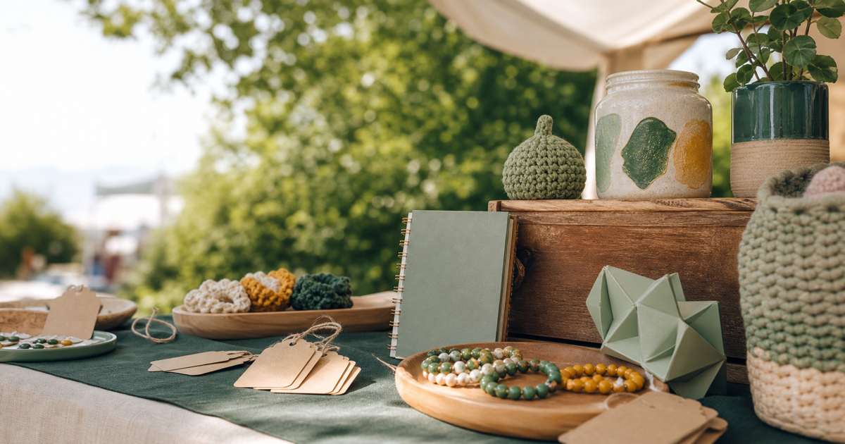 Handmade goods arranged on an outdoor market table